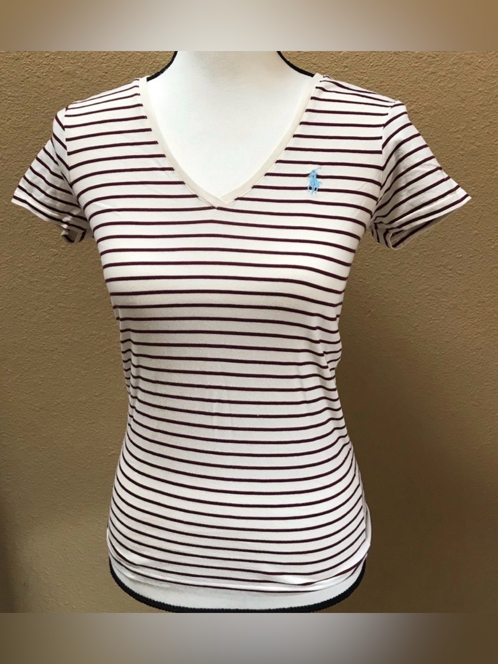 Ralph Lauren Sport White V-Neck Tee with Burgundy Stripes
